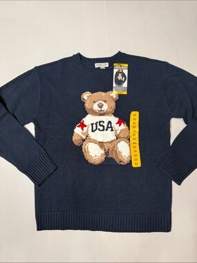 Mighty Fine Americana USA Navy Knit Teddy Bear Sweater M NWT